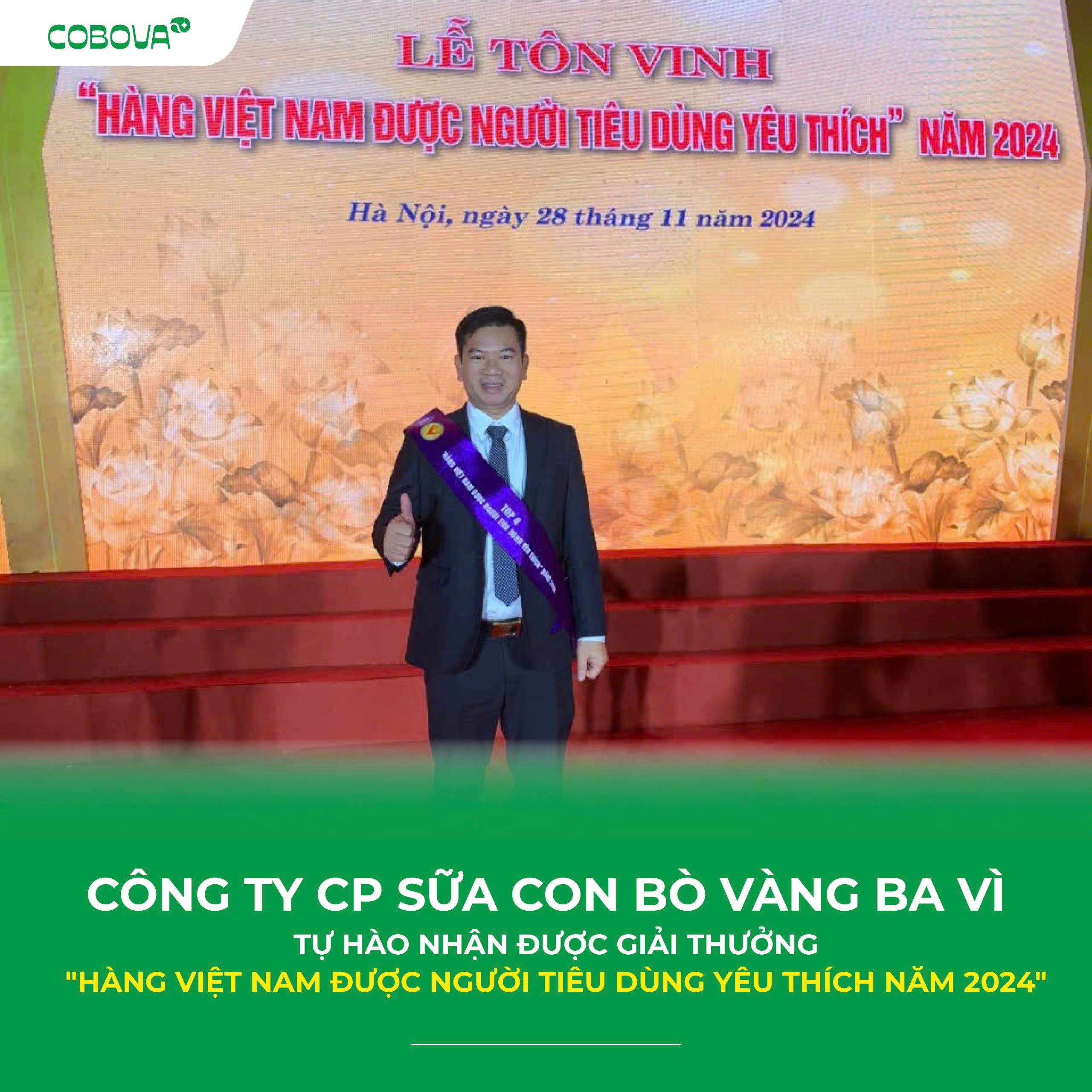 TGĐ Công ty CP Sữa Con Bò Vàng Ba Vì đại diện tham dự và nhận giải thưởng "Hàng Việt Nam được người tiêu dùng yêu thích năm 2024"