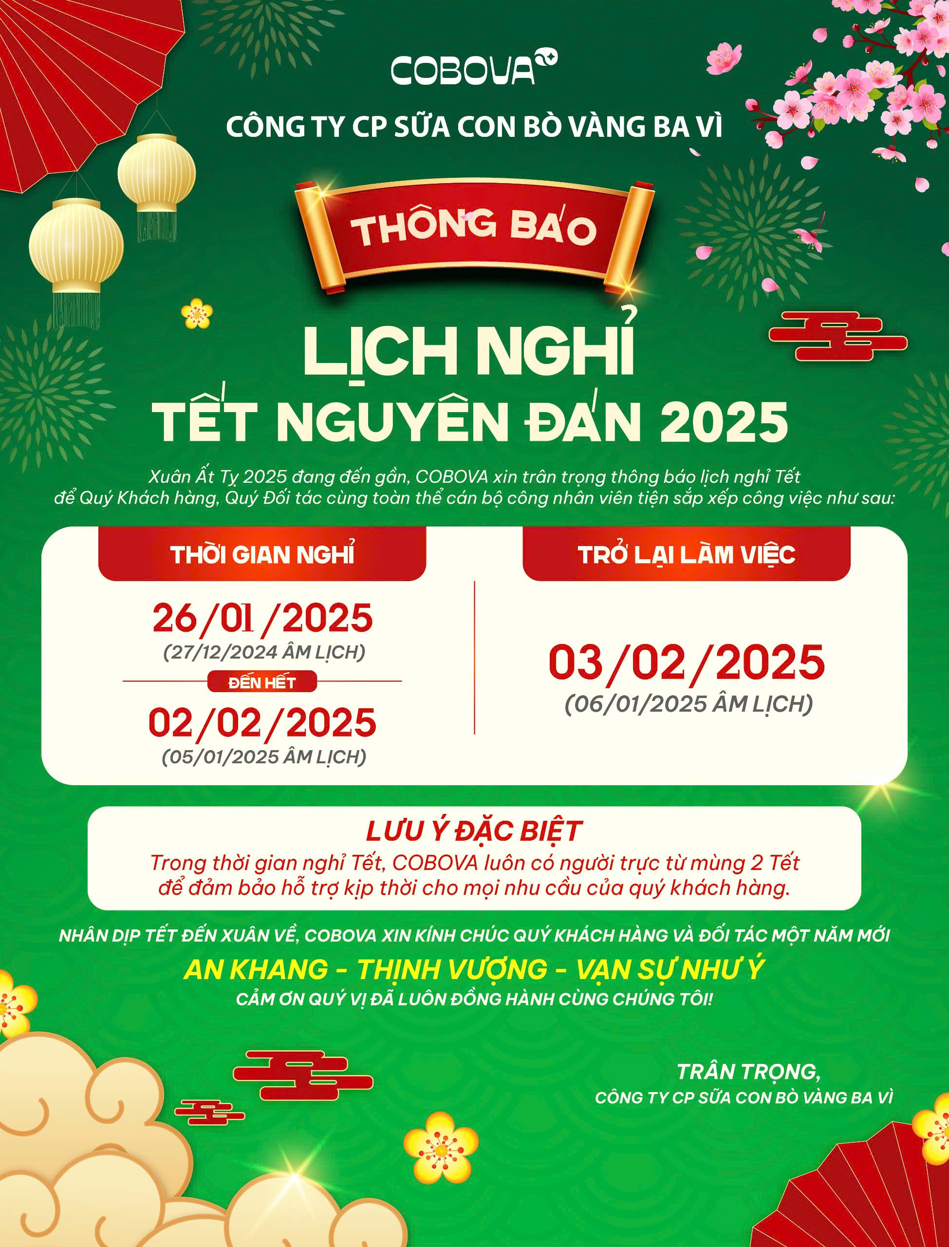 Thông Báo Lịch Nghỉ Tết Nguyên Đán 2025 COBOVA